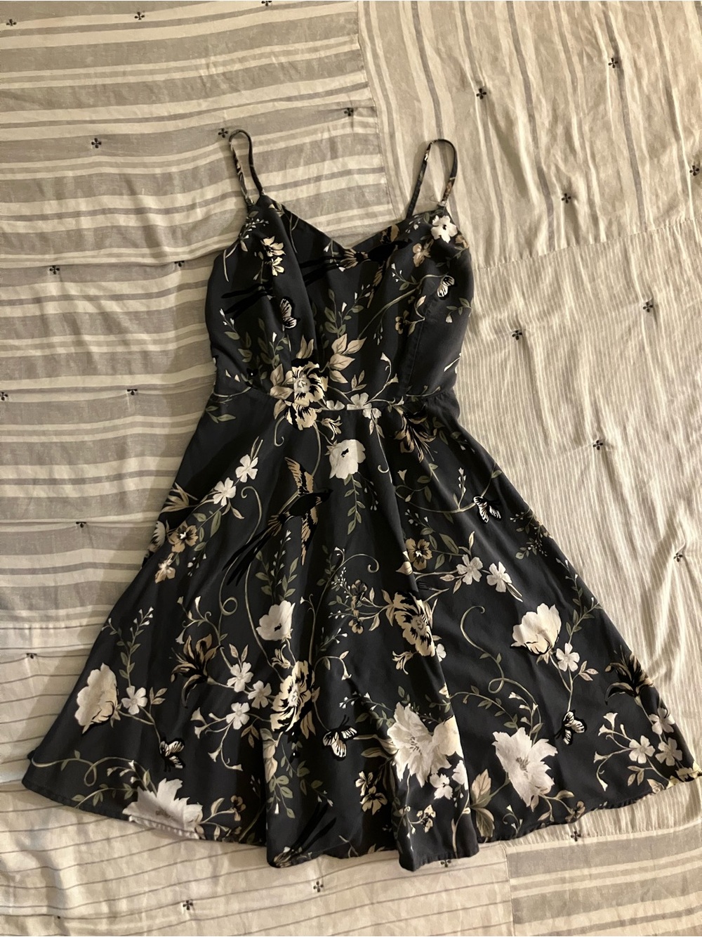 Whimsy Cottagecore Black Floral Spaghetti Strap Mini Dress Size XS